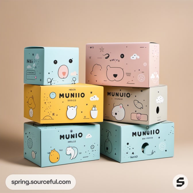 Stacked boxes with cute animal graphics and 'munio' branding in soft colors.