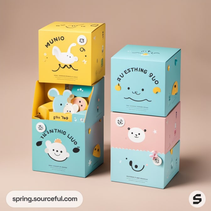 Playful square boxes with animal images, labeled 'munio' and 'blesthing duo'.