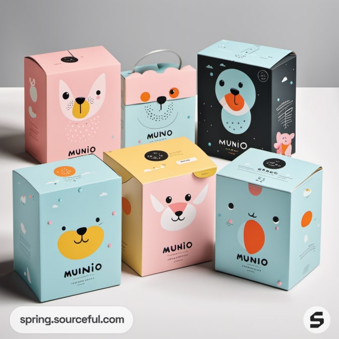 Assorted animal-themed boxes in pastel shades with 'munio' branding.