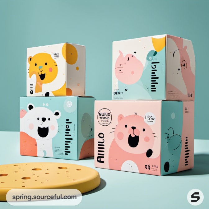 Cute cartoon animal boxes, colorful graphics, soft colors with 'miio' branding.