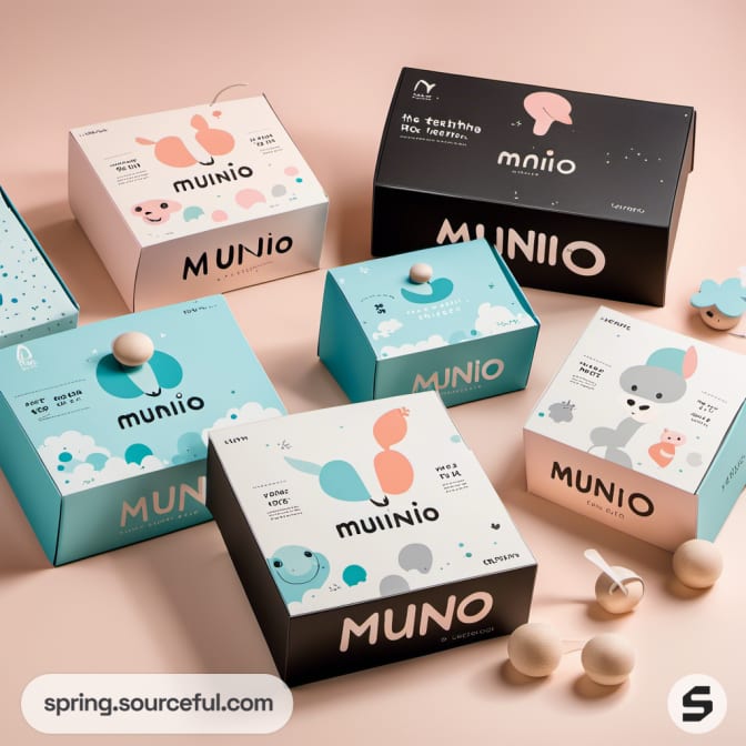 Pastel boxes with adorable animal designs and 'munio' branding, various shapes.