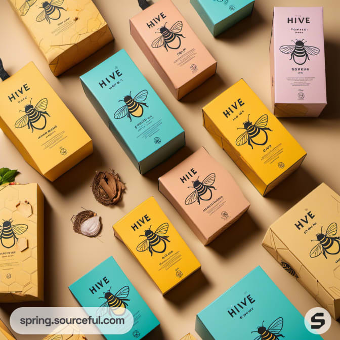 Colorful bee-themed boxes for honey packaging.