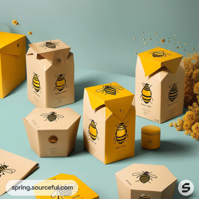 Hexagonal and bee-themed boxes in yellow and beige.