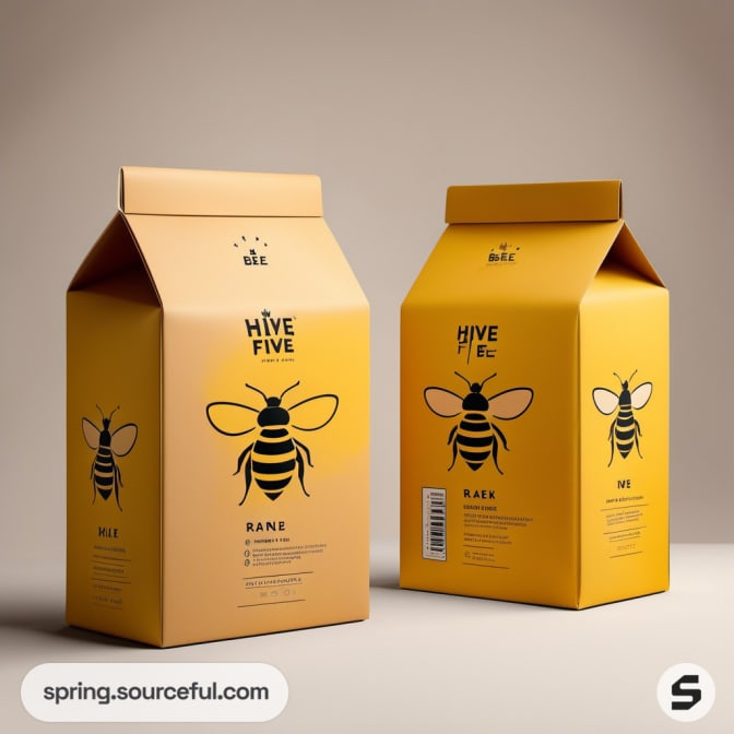 Yellow packaging with bee illustrations for honey.