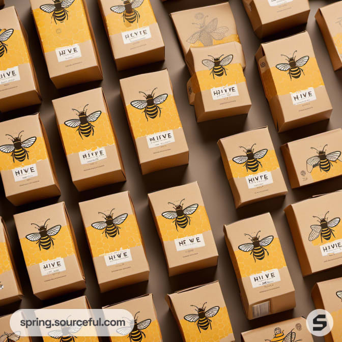 Bee graphic repeated on multiple brown boxes.