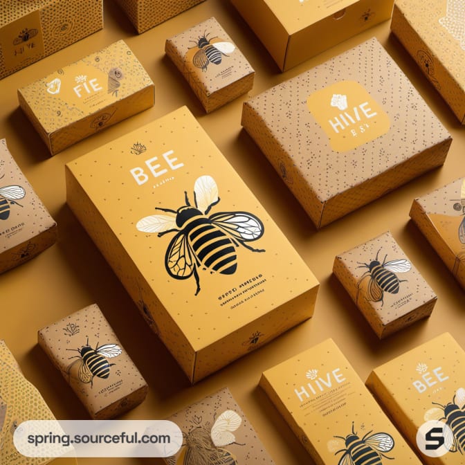 Various sizes of bee-themed packaging in yellow and beige.