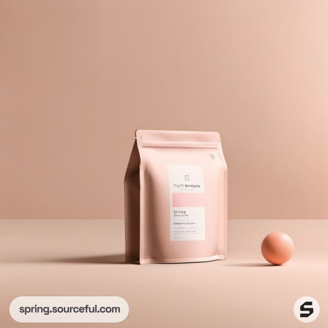 Pale pink bag with a round object on beige surface.