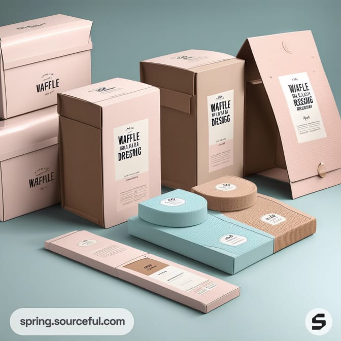 Assorted pastel-colored product boxes with various shapes on a blue background, featuring text labels.