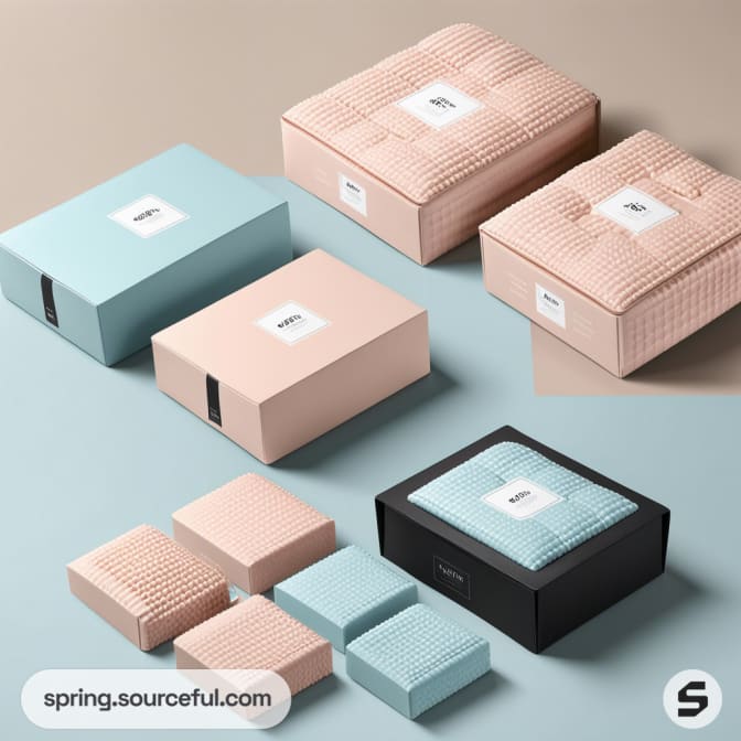 Pastel-colored textured boxes in pink and blue on a plain background.