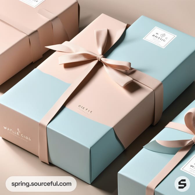 Elegant gift boxes with pastel pink and blue wrapping, tied with satin ribbons, on a beige surface.