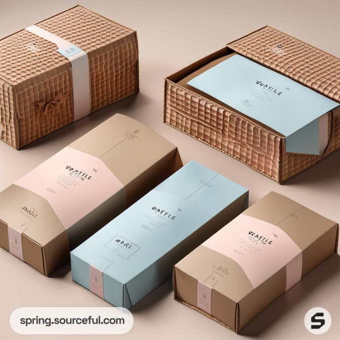 Elegant gift boxes in beige and pastel blue with embossed patterns and ribbons.