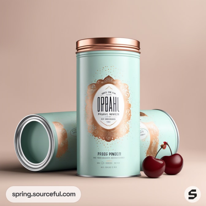 Cylindrical tin can with light blue design and cherries graphic.