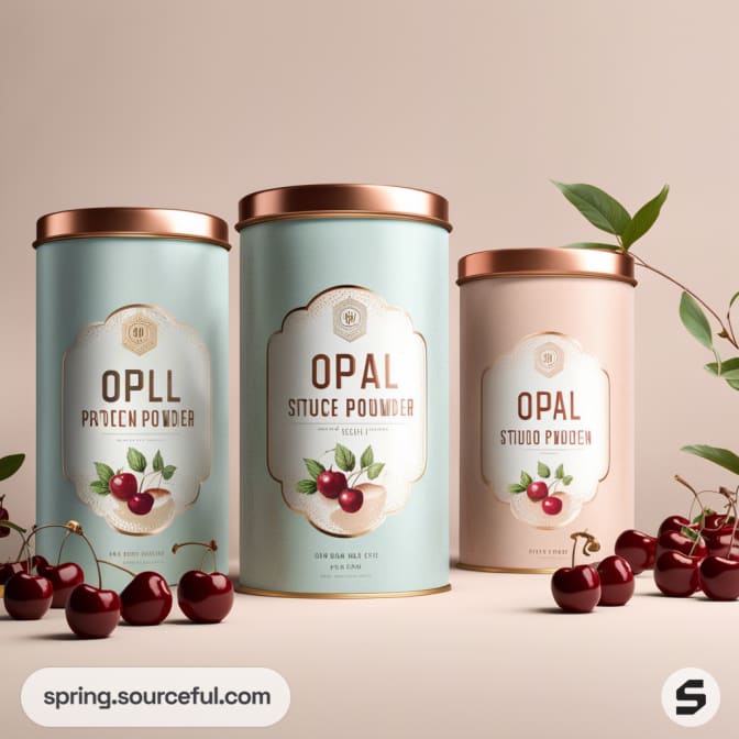 Elegant powder containers with cherry graphics and pastel hues, featuring 'Protein,' 'Sauce,' and 'Studio' varieties.