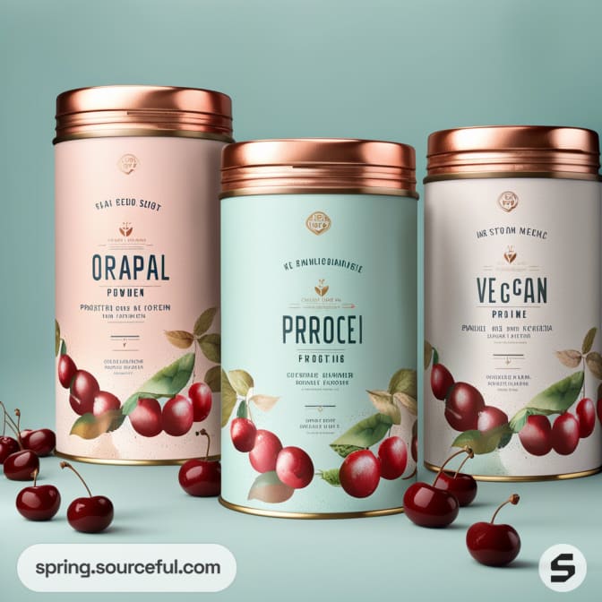 Three cylindrical tins with cherry designs, featuring Orapal, Prrocei, and Veccan powder labels.