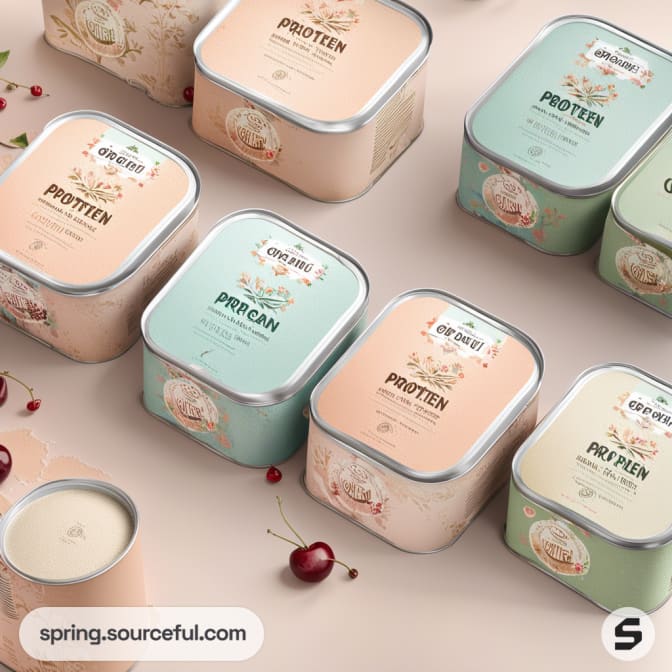 Assorted protein powder containers with floral designs in pastel colors on a light background, surrounded by cherries.
