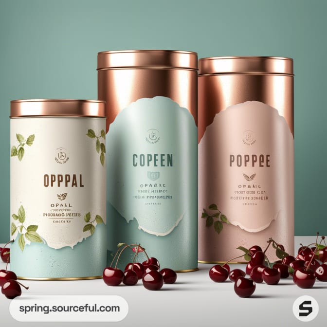 Three cylindrical tins with elegant designs, surrounded by cherries, against a gradient background.