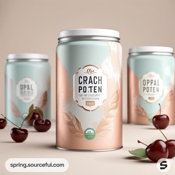 Metallic cans of nutritional powder with cherry illustrations and pastel labels, featuring cherries in the foreground.