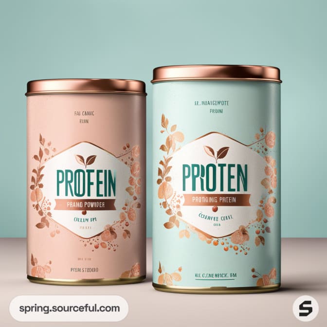 Two protein powder tins, one pink and one blue, with floral designs and copper lids against a soft green backdrop.