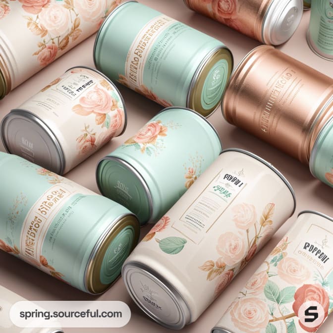 Cylindrical tins with floral designs and pastel colors, featuring roses and elegant script on a soft background.