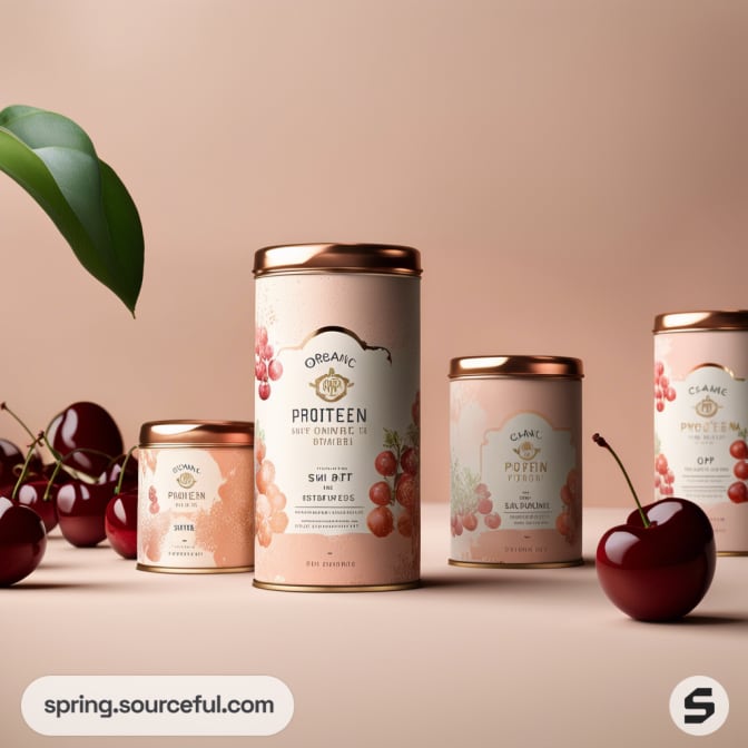 Assorted protein powders in cylindrical tins with cherry illustrations on a light background.