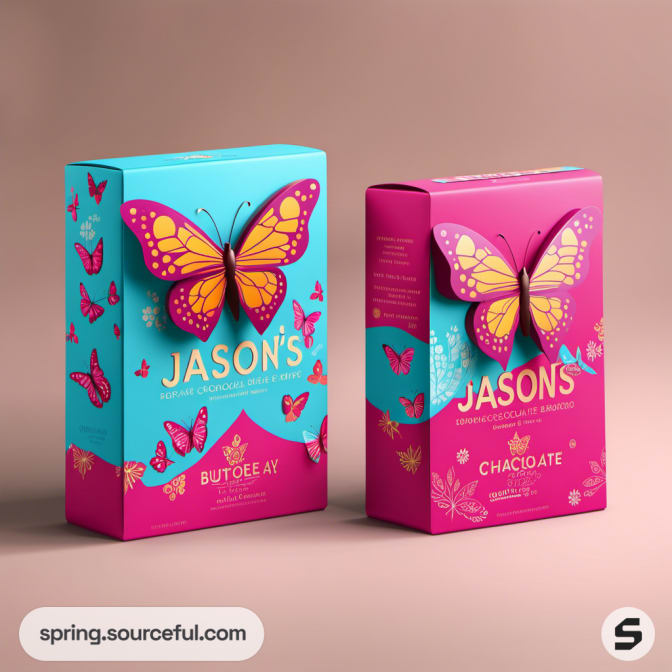 Two boxes with butterfly motifs in blue and pink