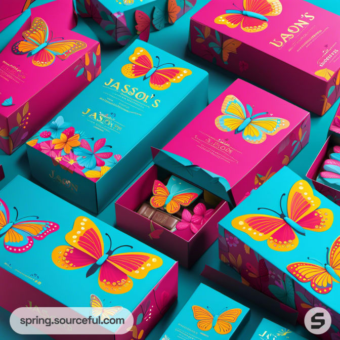 Bright packaging with colorful butterfly illustrations