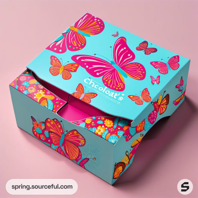 Square blue box with pink butterfly patterns