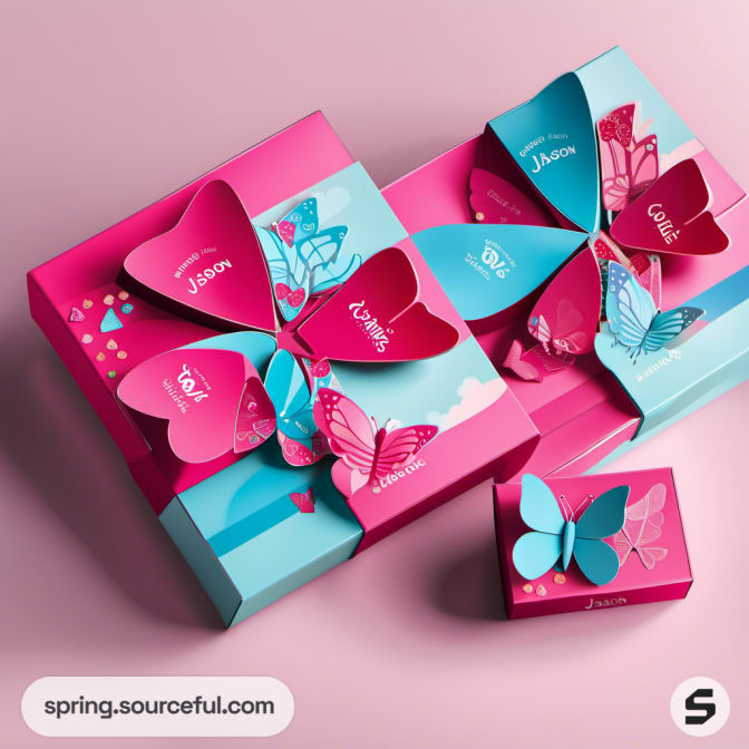Pink and blue boxes with butterfly cutout accents