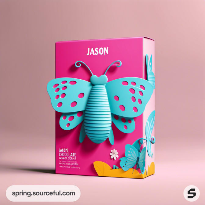 Pink box with teal butterfly design and floral accents