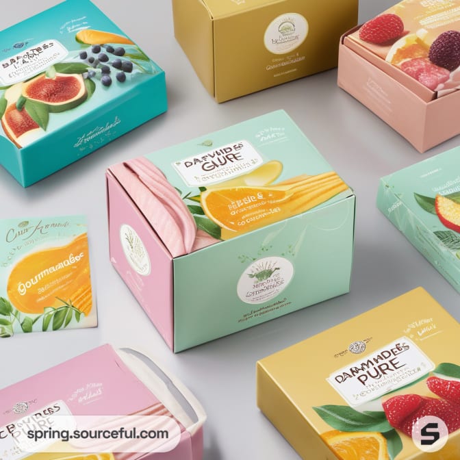 Colorful boxes with fruit graphics, various colors, on a light surface.
