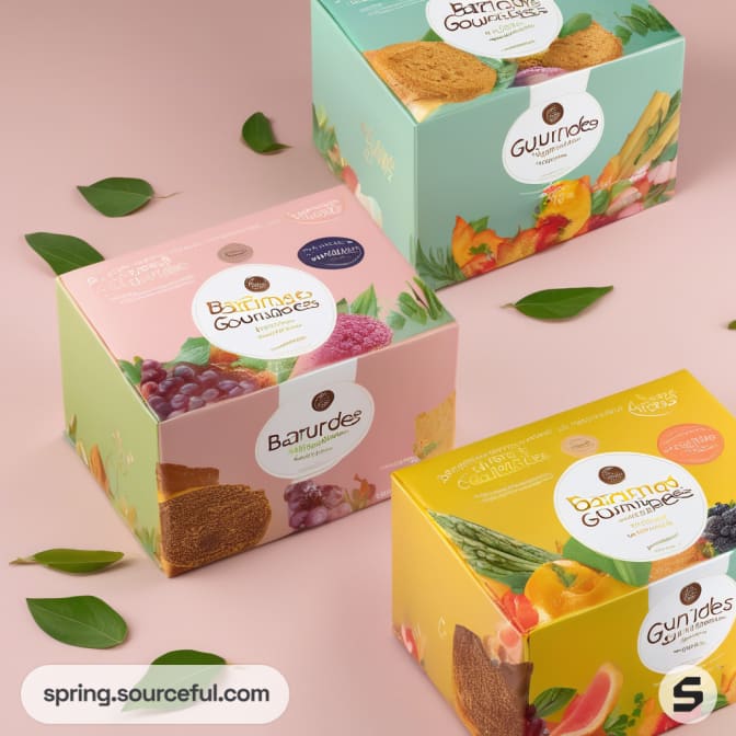 Assorted pastel boxes of snacks with fruit imagery, flat lay with leaves.