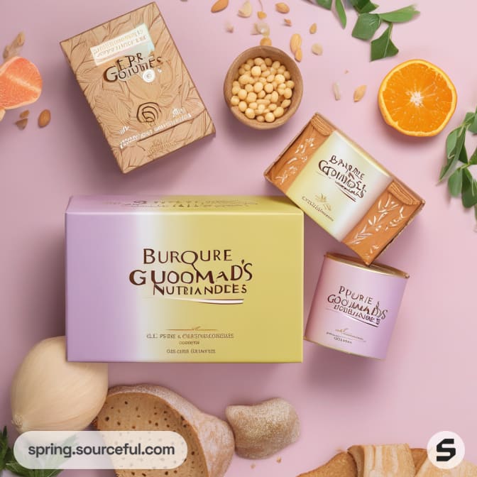 Product packaging with plant motifs and fruit pieces, various box shapes.