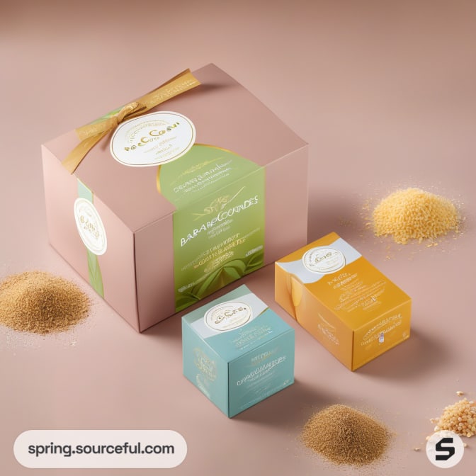 Two large and one small pastel boxes with earthy accents, on light plain surface.