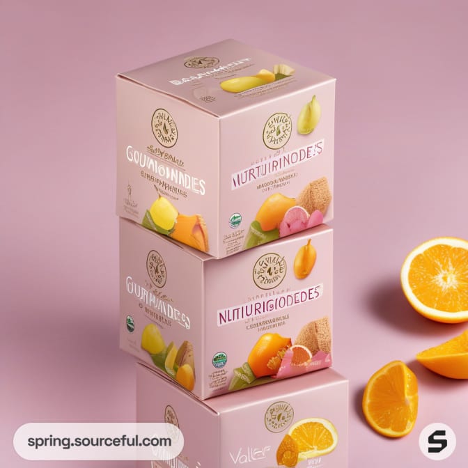 Stacked pink boxes with fruits, set against a light purple background.