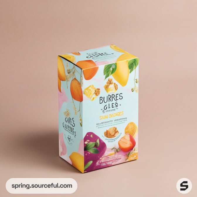 Tall, light blue box with colorful fruit illustrations, on a beige surface.