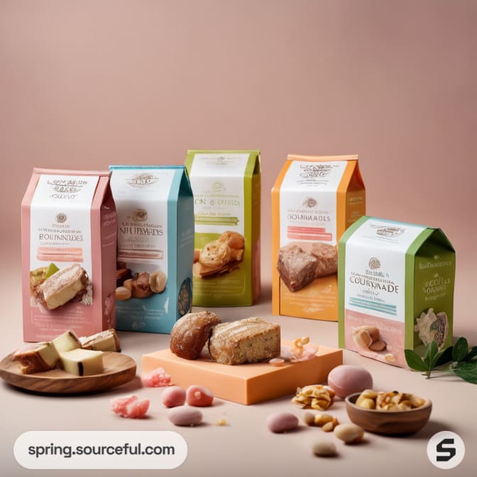 Five diverse snack boxes in pastel colors and flavors, with snacks around.