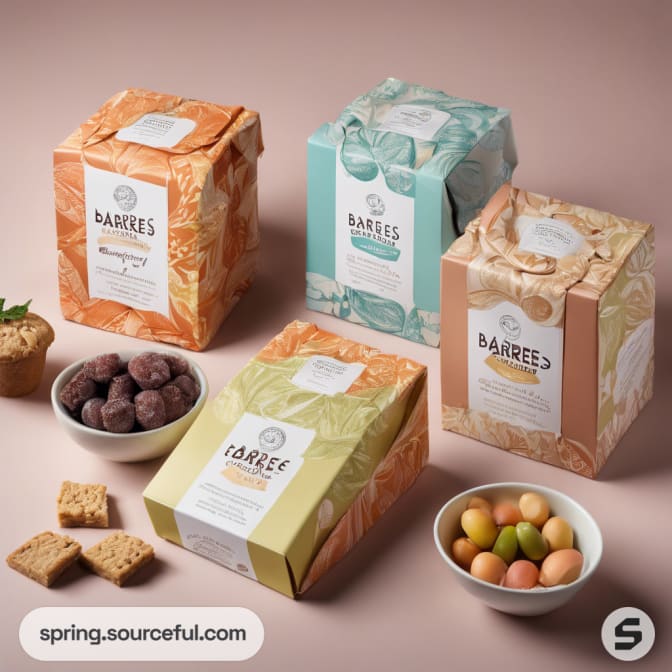 Four pastel boxes with floral patterns and snacks, arranged with bowls.