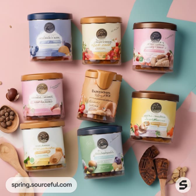 Seven round containers with colorful labels and fruits, on pastel split background.