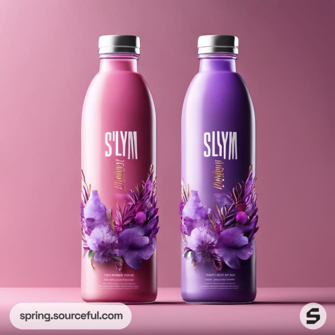 Pink and purple floral design bottles against a soft pink background.