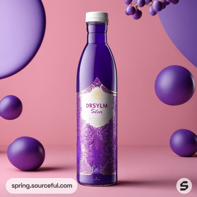 Purple bottle with intricate floral design surrounded by purple spheres.