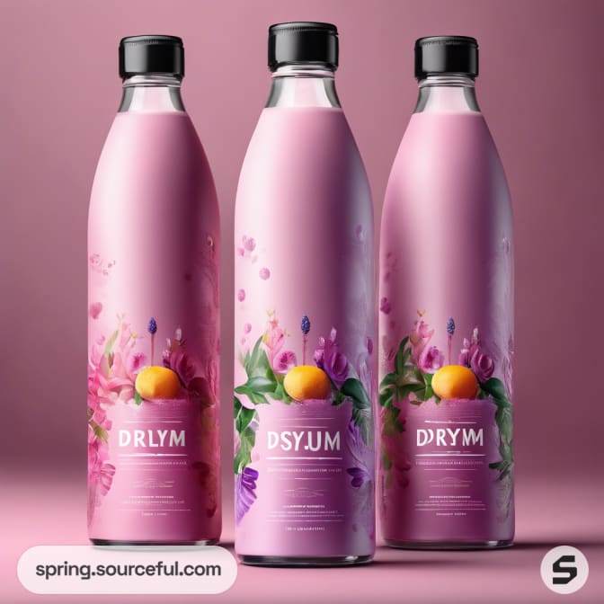 Three pink bottles with floral and citrus designs on pink background.