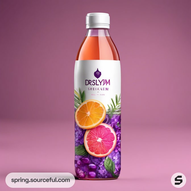 Bottle with citrus and purple floral design against pink background.