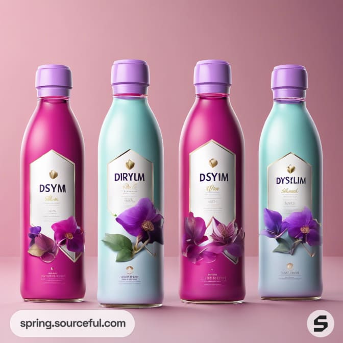 Four colorful bottles with floral designs and lavender caps.