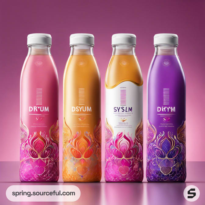 Four bottles with gradient floral designs and white caps.