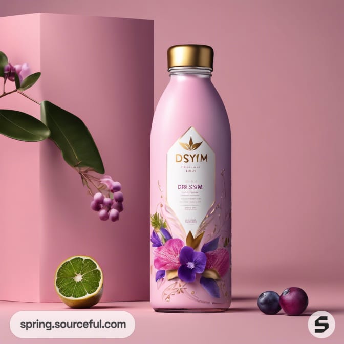 Pink bottle with floral design, green lime, and purple berries.