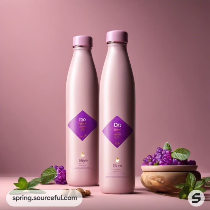 Two pink bottles with mint leaves and grapes on pink surface.