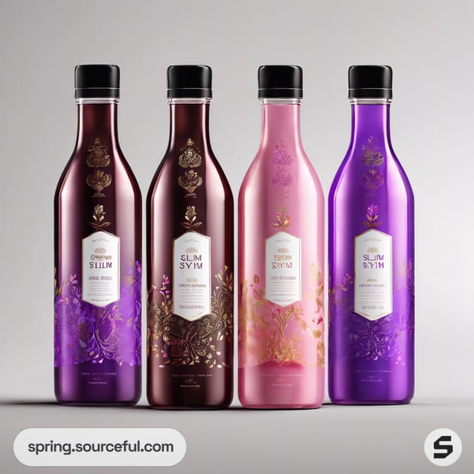Four elegant bottles with floral designs in dark and light hues.