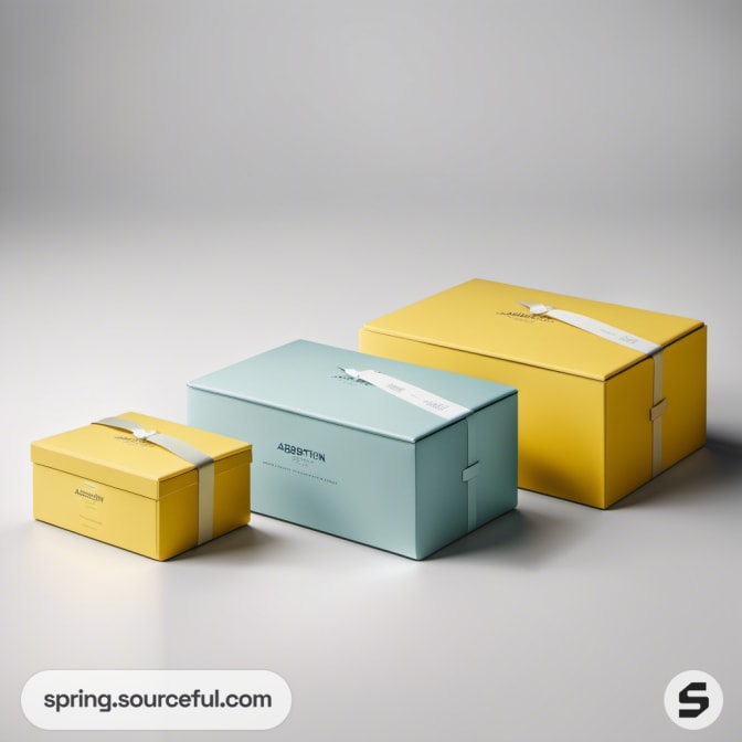 Yellow and blue boxes with ribbon, various sizes.