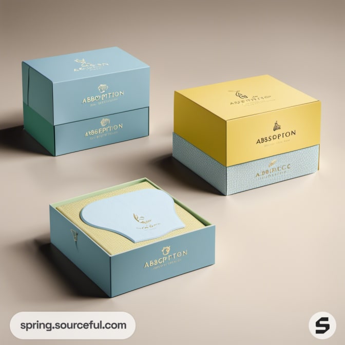 Opened pastel yellow and blue boxes with product cards inside.