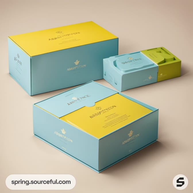 Pastel blue and yellow box set with product inside.